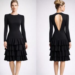 VTG I. Magnin Black Tiered Ruffle Open-Back Cocktail Party Dress EUC Size 4 MIDI